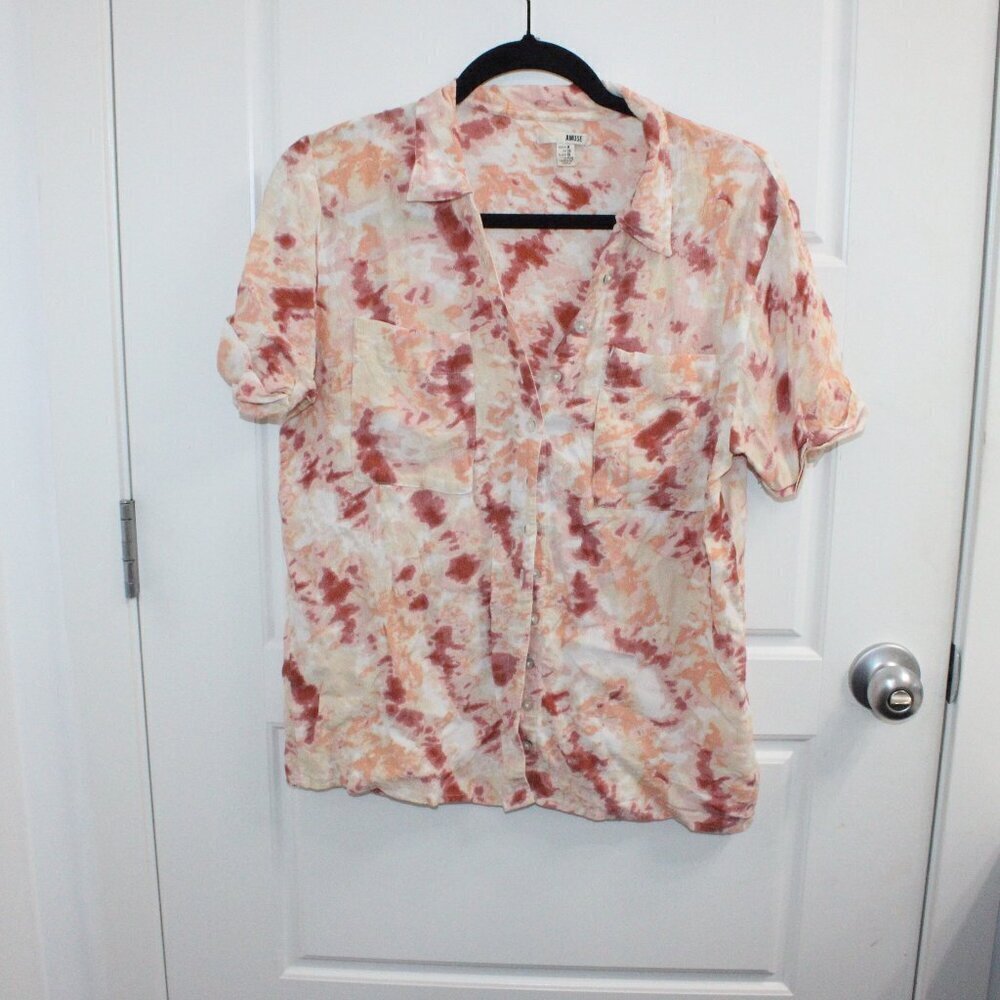 3/$30 Amuse Society Short Sleeve Button Down Tie Dye‎ Shirt Medium Pink Orange